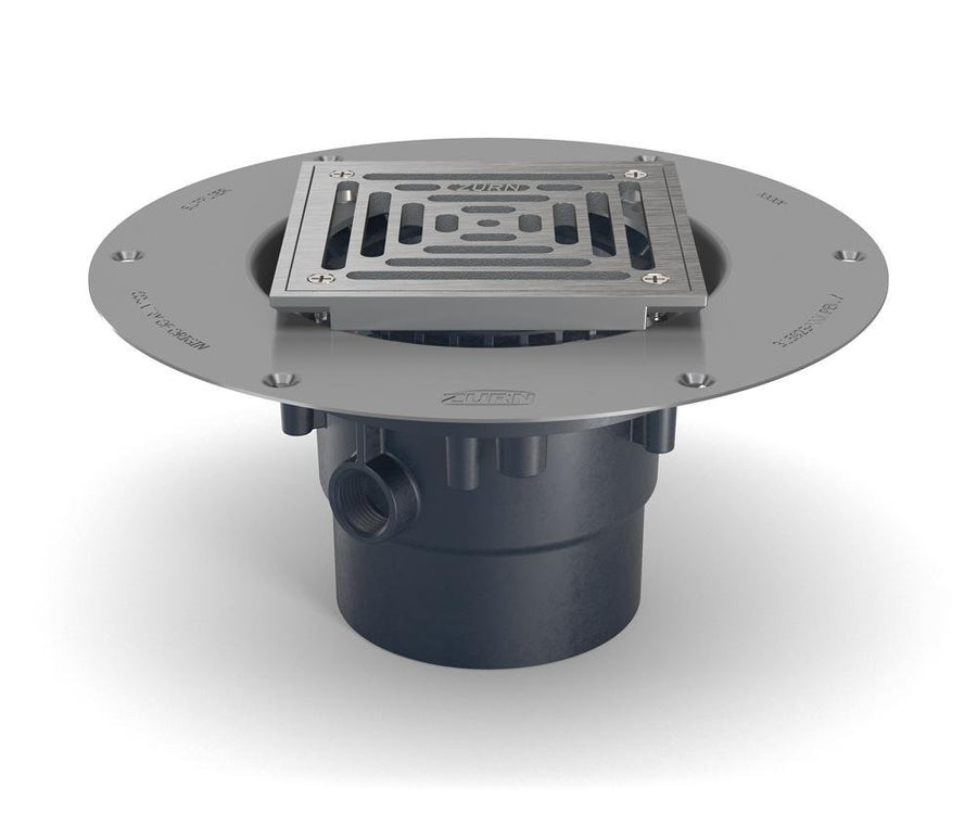 FD2 - PV2 - ST - SSPVC Adjustable Floor Drain – 5 - inch Stainless - Steel Head with Deck Plate and 2 - inch x 3 - inch Solvent Weld OutletZurn