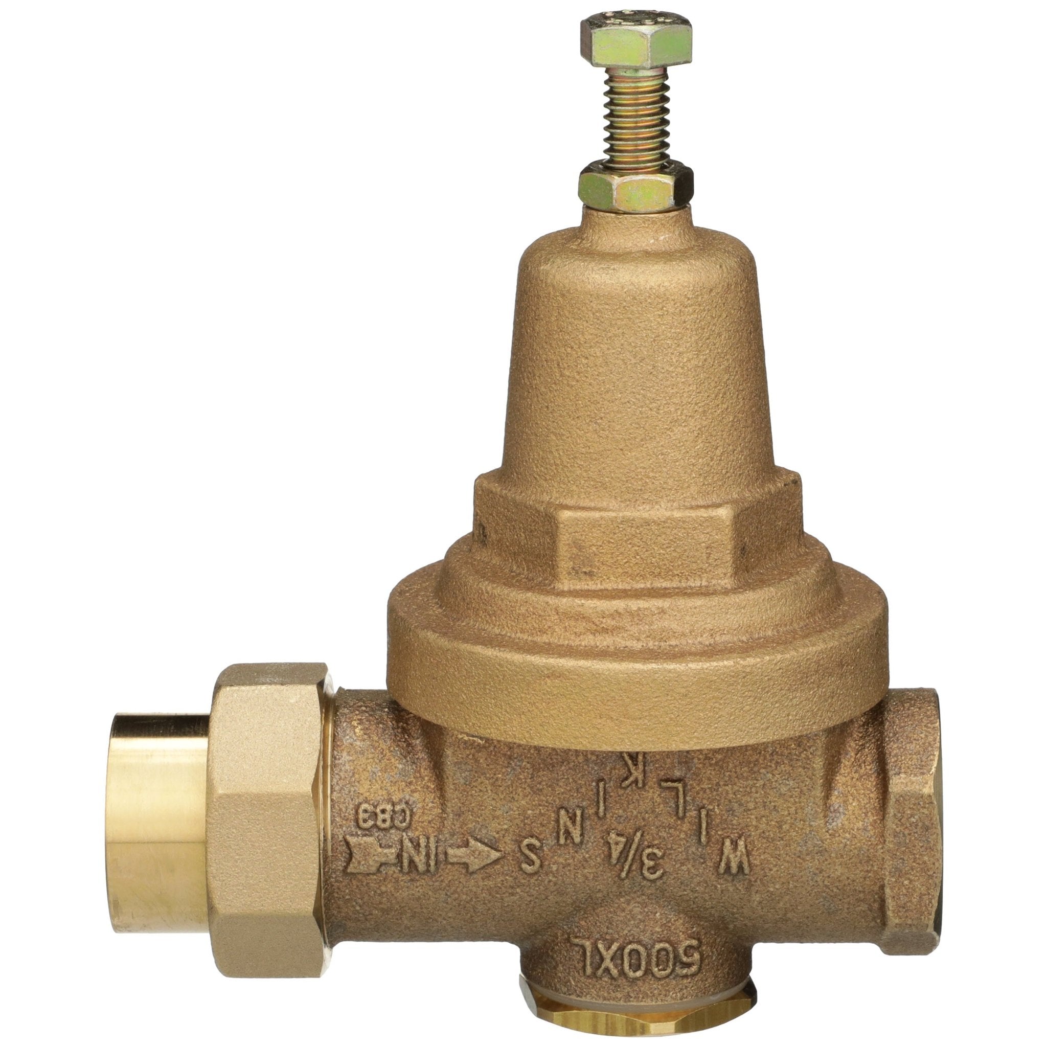 1" 500XL water pressure reducing valve with a spring range from 10 psi to 125 psi, factory set at 50 psi