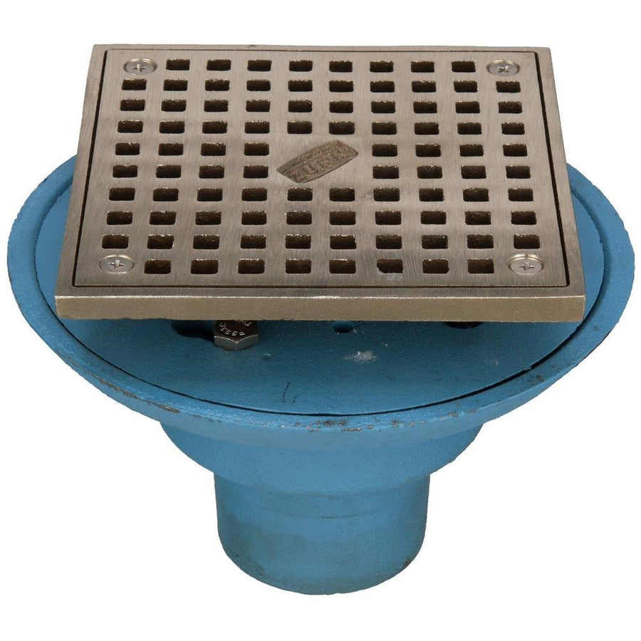 FD2254 - NH2 - S52 - inch Cast - Iron No - Hub Shower Drain with 5 - inch Square Nickel Bronze TopZurn